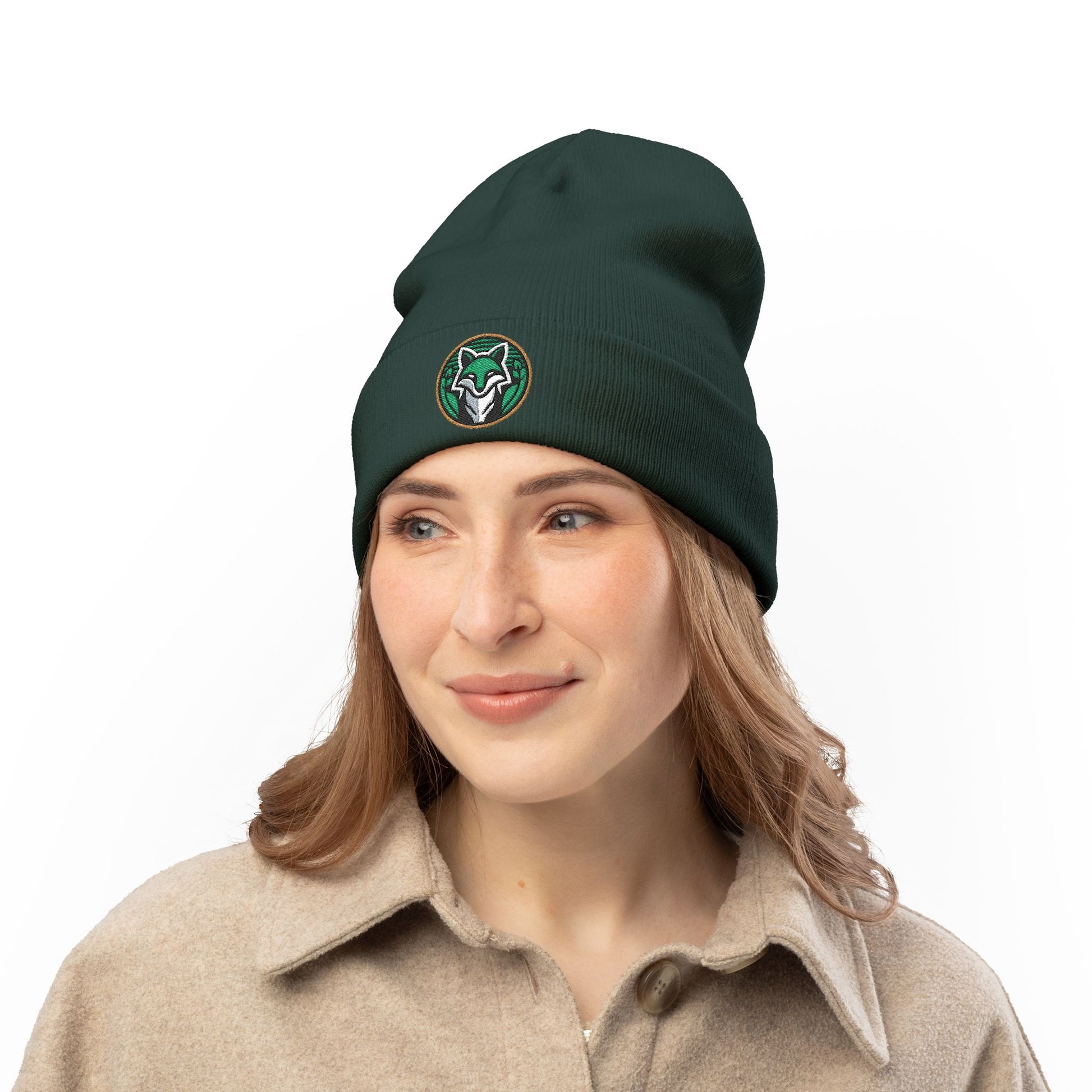 Green Embroidered Fox Knit Beanie, Cozy Winter Accessory, Perfect for Gifts, Outdoor Adventures, Animal Lovers, Fall Fashion