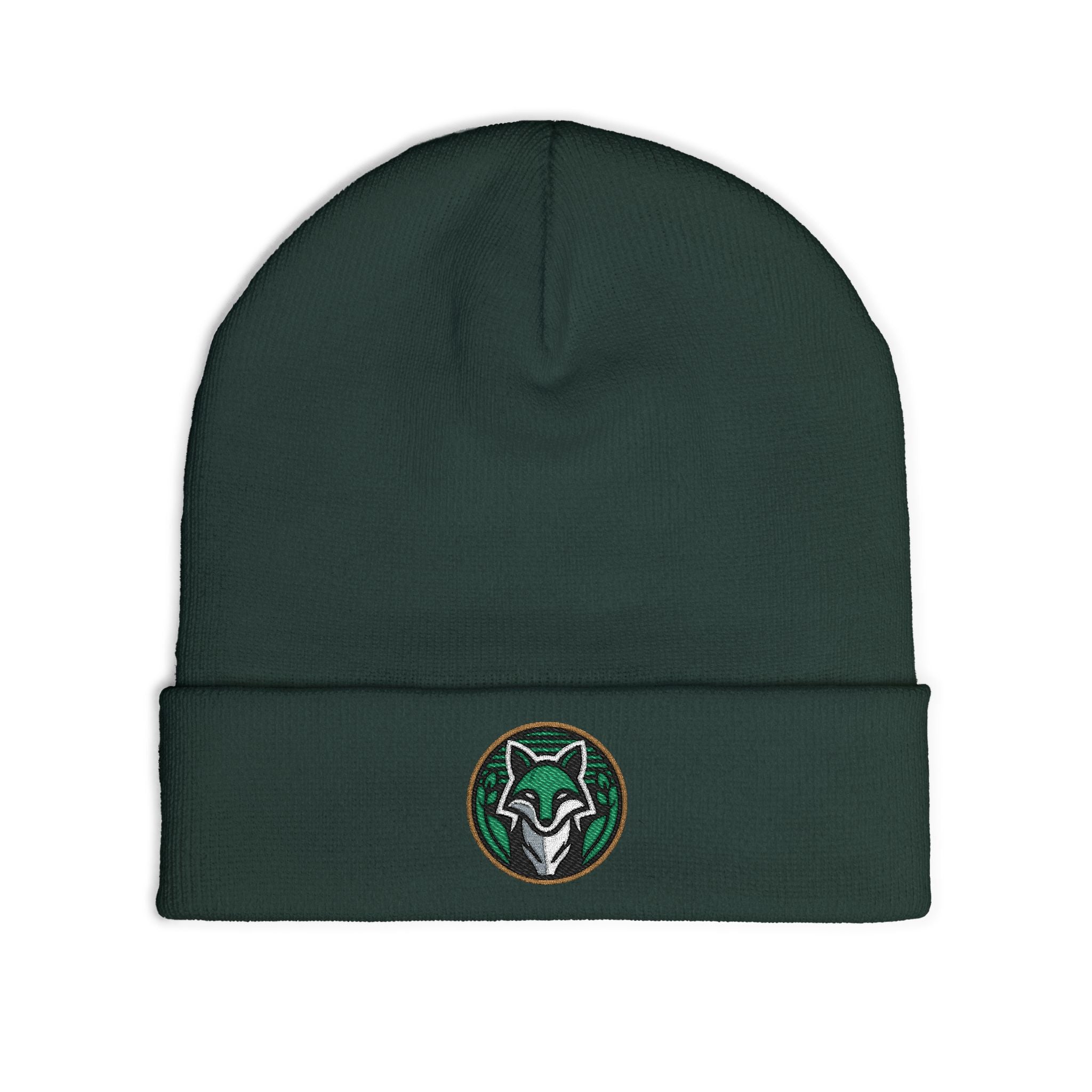 Green Embroidered Fox Knit Beanie, Cozy Winter Accessory, Perfect